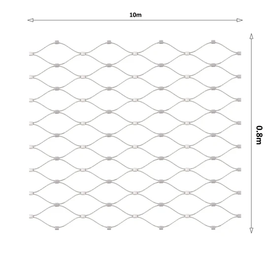 Nerezová lanková sieť, 0,8m x 10m (šxd), oko 50x50 mm, hrúbka lanka 2mm, AISI316 (V nerozloženom stave má sieť 11,64m)