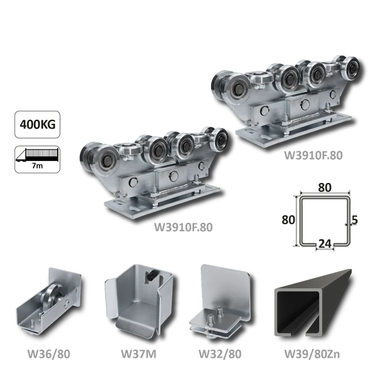 samonosný systém 80x80x5mm posuvnej brány do 400kg/7m otvor (W39/80Zn 6m pozinkovaný profil, 2x W3910F.80, 1x W36/80, 1x W37M, 1x W32/80)