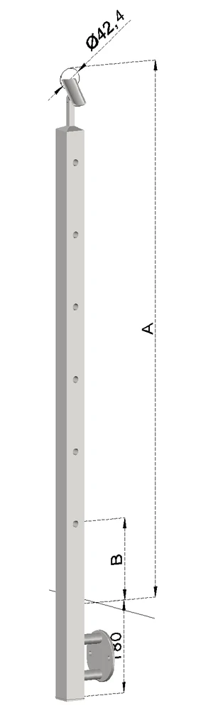 Nerezový sloup, boční kotvení, 6 dNerezový sloup, boční kotvení, 6 děrový průchodný, vrch nastavitelný, (40x40 mm), broušená nerez K320 / AISI304 - slide 0