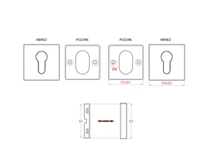 štvorcová rozeta na cylindrickú vložku (53x53mm), bal.: 1 pár, brúsená nerez K320 /AISI304, spodná časť pozink - slide 1