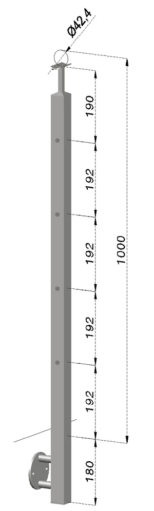 Nerezový sloup, boční kotvení, 4 děrový koncový, levý, vrch pevný (40x40 mm), broušená nerez K320 / AISI304 - slide 0