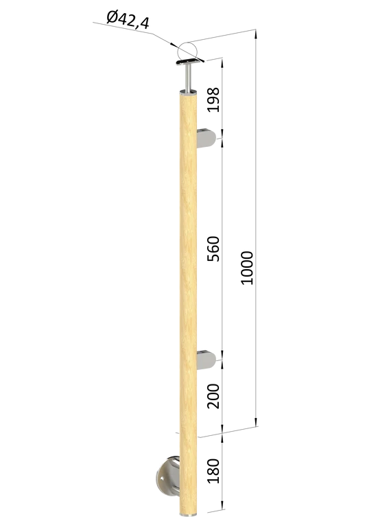 dřevěný sloup, boční kotvení, výplň: sklo, pravý, vrch pevný (ø 42mm), materiál: buk, broušený povrch s nátěrem BORI (bezbarvý)