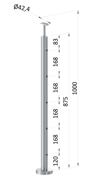 nerezový sloup, vrchní kotvení, 5 děrový průchozí, vrch pevný (ø 42.4x2mm), broušená nerez K320 /AISI304 - slide 0