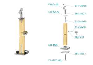 dřevěný sloup, vrchní kotvení, 4 řadový, průchozí, vrch nastavitelný (40x40mm), materiál: buk, broušený povrch s nátěrem BORI (bezbarvý) - slide 1