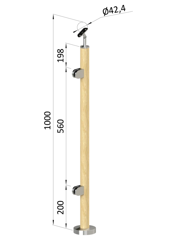dřevěný sloup, vrchní kotvení, výplň: sklo, levý, vrch nastavitelný (ø 42mm), materiál: buk, broušený povrch s nátěrem BORI (bezbarvý)