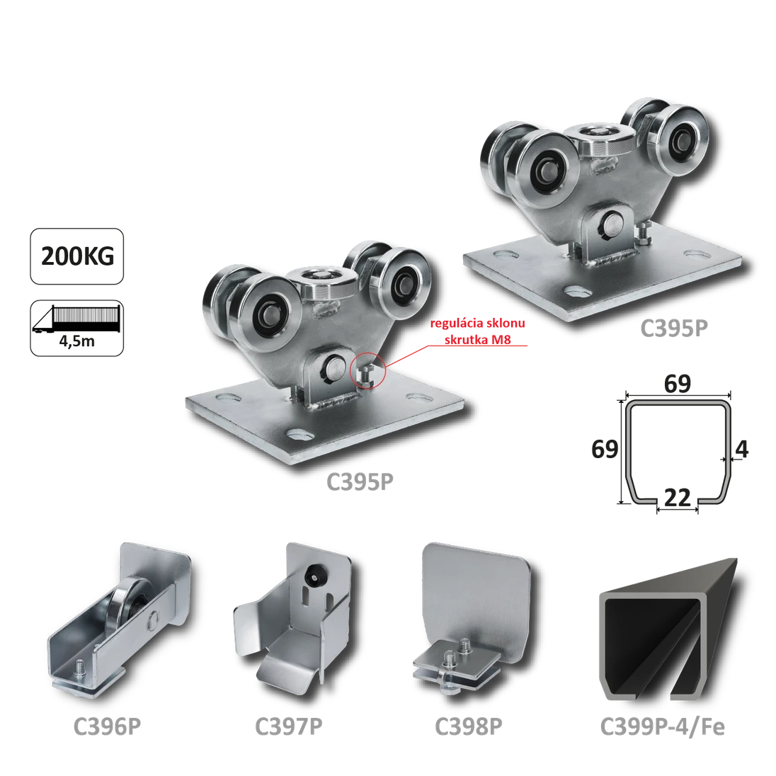 PICCOLO-Klasik samonosný systém 69x69x4 mm pro posuvné brány do 200 kg / 4,5 m otvor (C399P-4/Fe 1x 6 m černý profil, C395P KLASIK 2ks, C396P 1ks, C397P 1ks,C398P 1ks), intenzivní provoz