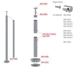 Nerezový sloup, vrchní kotvení, bez výplně, 4 řadový se závitem M6, rohový: 90°, vrch pevný (ø 42.4x2mm), broušená nerez K320 /AISI304 - slide 1