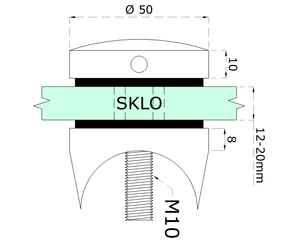 svorka bodová na sklo 12-20mm na trubku ø 42.4mm (ø 50mm / M10, brúsená nerez K320 /AISI304, balenie obsahuje gumičky na sklo - slide 2