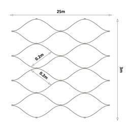 nerezová lanková síť, 3.0m x 25m (šxd), oko 200x200 mm, tloušťka lanka 2mm, AISI316