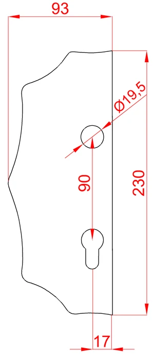 Štít 230x93x3mm s otvormi, rozteč 90mm, otvor pre kľučku ø 19,5mm, zdobený, ľavý, pre zámok ZM90/80 - slide 1