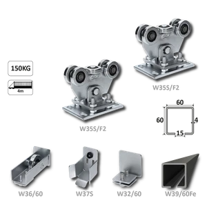 Samonosný systém 60x60x4mm pro posuvné brány do 150kg / 4m průjezd (W39/60Fe 6m čierný profil, 1x W-SET60/F2) - slide 1