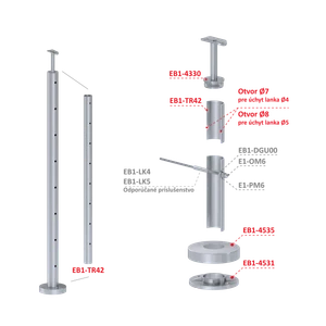 Nerezový sloup, vrchní kotvení, 8 děrový na lanko, koncový, vrch pevný (ø 42.4x2mm), broušená nerez K320 /AISI304 - slide 2