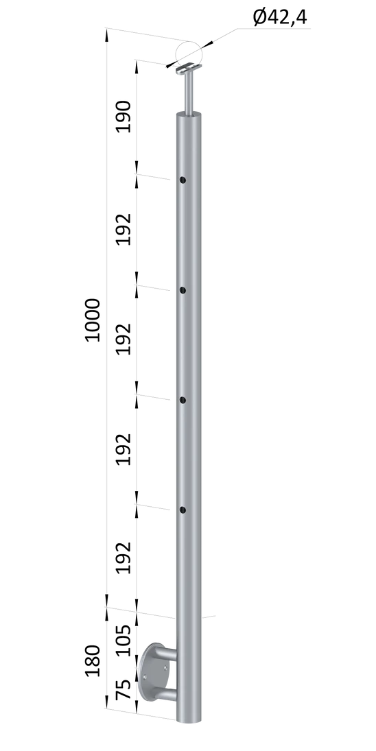 Nerezový sloup, boční kotvení, 4 děrový koncový, levý, vrch pevný (ø 42,4x2 mm), leštěná nerez / AISI304