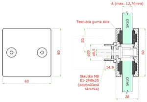 svorka skla přímá na jokl (60x60x28mm), na sklo 8-12.76mm, broušená nerez K320 /AISI304, balení neobsahuje gumičky na sklo - zapotřebí 2 balení EG-175 - slide 2