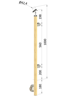 Dřevěný sloup, boční kotvení, výplň: sklo, pravý, vrch nastavitelný (ø42 mm), materiál: buk, broušený povrch bez nátěru - slide 0