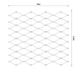 Nerezová lanková síť, 1,2m x 25m (šxd), oko 60x104 mm, tloušťka lanka 2mm, AISI316 (V nerozloženém stavu má síť 29,8m)