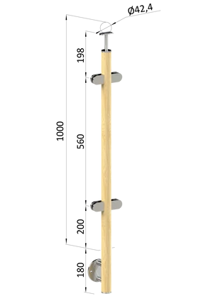 Dřevěný sloup, boční kotvení, výplň: sklo, průchozí, vrch pevný (ø42 mm), materiál: buk, broušený povrch s nátěrem BORI (bezbarvý) - slide 0