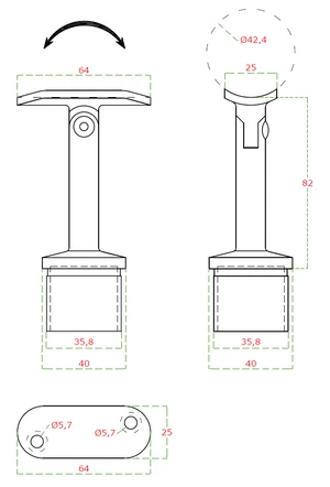 držiak madla s kĺbom, na madlo trubku ø 42.4mm (63x81mm), brúsená nerez K320 /AISI304 - slide 1