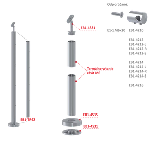 Nerezový sloup, vrchní kotvení, bez výplně, 4 řadový se závitem M6, vrch nastavitelný (ø 42.4x2mm), broušená nerez K320 /AISI304 - slide 1