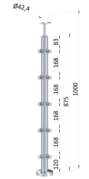 nerezový stĺp, vrchné kotvenie, 5 radový, rohový: 90°, vrch pevný (ø 42.4x2mm), brúsená nerez K320 /AISI304 - slide 0