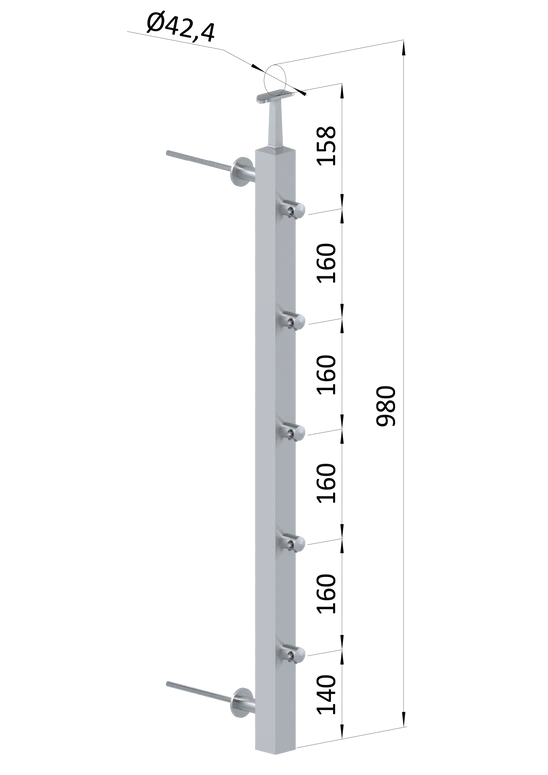 nerezový stĺp na francúzsky balkón, bočné kotvenie, 5 radový priechodný, vrch pevný, (40x40x2.0mm), brúsená nerez K320 /AISI304