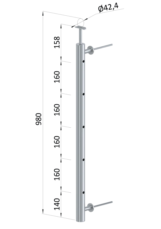 nerezový stĺp na francúzsky balkón, bočné kotvenie, 5 dierový, pravý, vrch pevný, (ø 42.4x2mm), brúsená nerez K320 /AISI304
