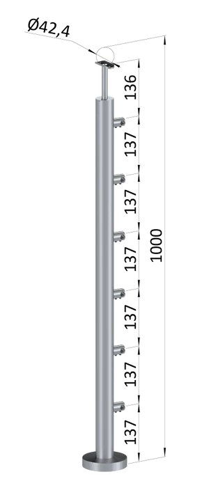 Nerezový sloup, vrchní kotvení, 6 řadový průchodný, vrch pevný (ø42,4x2 mm), broušená nerez K320 / AISI316 - slide 0