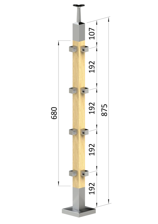 drevený stĺp, vrchné kotvenie, 4 radový rohový, vrch pevný (40x40mm), materiál: buk, brúsený povrch s náterom BORI (bezfarebný)
