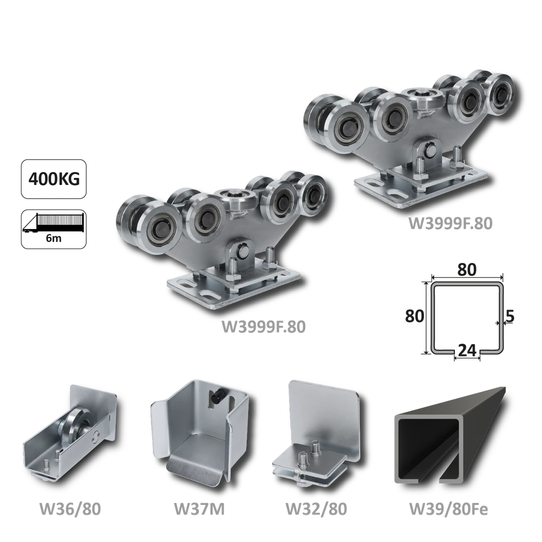 Samonosný systém 80x80x5mm posuvné brány do 400kg/6m otvor (W39/80Fe 6m černý profil, 1x W-SET809F)