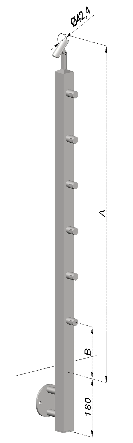 nerezový stĺp, bočné kotvenie, 6 radový priechodný, vonkajší, vrch nastaviteľný (40x40mm), brúsená nerez K320 /AISI304