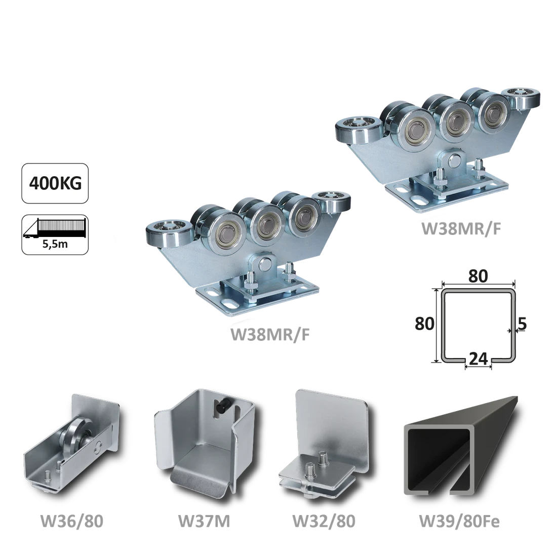 samonosný systém 80x80x5mm posuvnej brány do 400kg/5,5m otvor (W39/80Fe 6m čierný profil, 2x W38MR/F, 1x W36/80, 1x W37M, 1x W32/80)