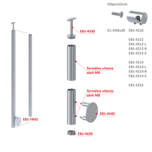 Nerezový sloup, boční kotvení, bez výplně, 5 řadový se závitem M6, vnitřní, vrch pevný, (ø 42.4x2mm), broušená nerez K320 /AISI304 - slide 1