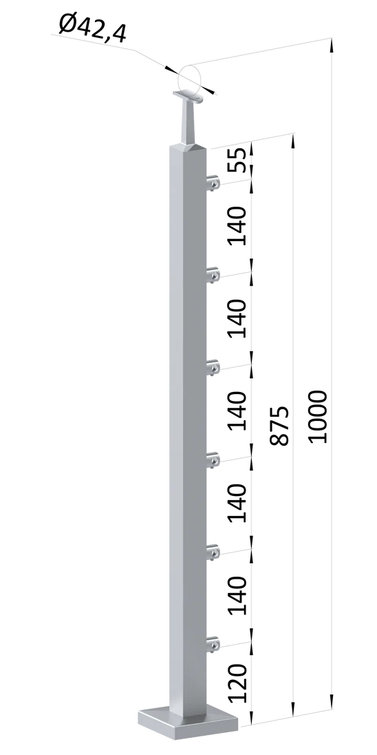 nerezový stĺp, vrchné kotvenie, 6 radový priechodný, vrch pevný (40x40mm), brúsená nerez K320 /AISI304