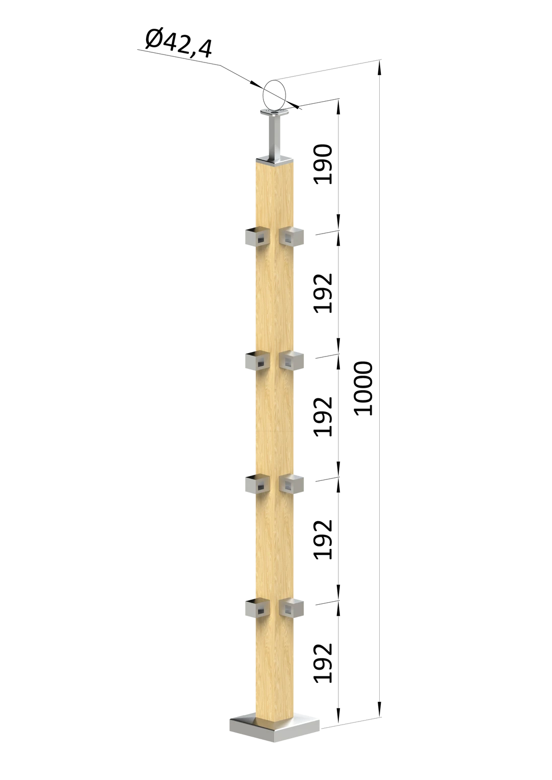drevený stĺp, vrchné kotvenie, 4 radový, rohový: 90° vrch pevný (40x40mm), materiál: buk, brúsený povrch s náterom BORI (bezfarebný)