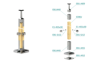 Dřevěný sloup, vrchní kotvení, 4 děrový rohový, vrch pevný (40x40 mm), materiál: buk, broušený povrch bez nátěru - slide 1