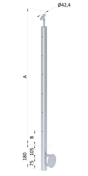 Nerezový sloup, boční kotvení, 6 děrový průchozí na lanko, vrch nastavitelný, (ø 42.4x2mm), broušená nerez K320 /AISI304 - slide 0