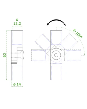 Spoj nastavitelný ø 12mm (0-100 °) s kloubem, broušená nerez K320/AISI316 - slide 1