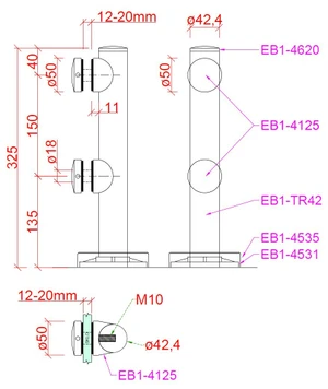 Nerezový sloupek na sklo se dvěma svorkami ø50mm, celková výška: 325mm, pro sklo: 12-20mm broušená nerez K320/AISI 304. (Balení obsahuje gumičky na sklo) - slide 2