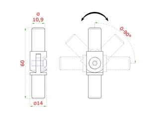Spoj nastaviteľný (0-100°) plný materiál, s kĺbom, na trubku ø 14mm, brúsená nerez K320 /AISI304 - slide 1