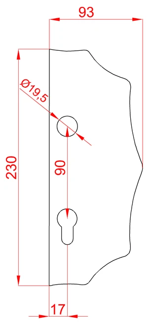 Štít 230x93x3mm s otvormi, rozteč 90mm, otvor pre kľučku ø 19,5mm, zdobený, pravý, pre zámok ZM90/80 - slide 1