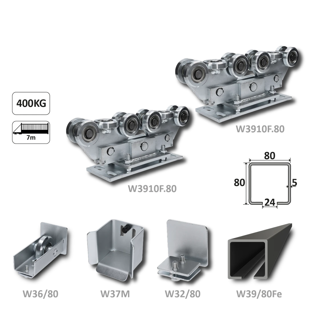 samonosný systém 80x80x5mm posuvnej brány do 400kg/7m otvor (W39/80Fe 6m čierný profil, 2x W3910F.80, 1x W36/80, 1x W37M, 1x w32/80)