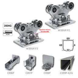 Samonosný systém 69x69x4 pro posuvné brány do 200 kg / 4,5 m otvor (C399P-4/Zn 1x6m pozinkovaný profil, W395P.F2 2ks, C396P 1ks, C397P 1ks, C398P 1ks)