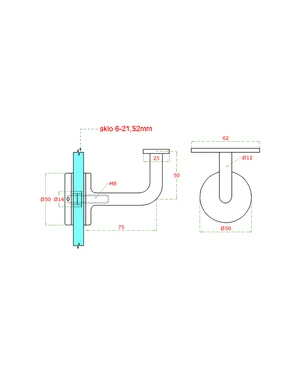 Držák madla pevný na jekl, s uchycením na sklo 6-21,52mm, broušená nerez K320 /AISI304 - slide 1