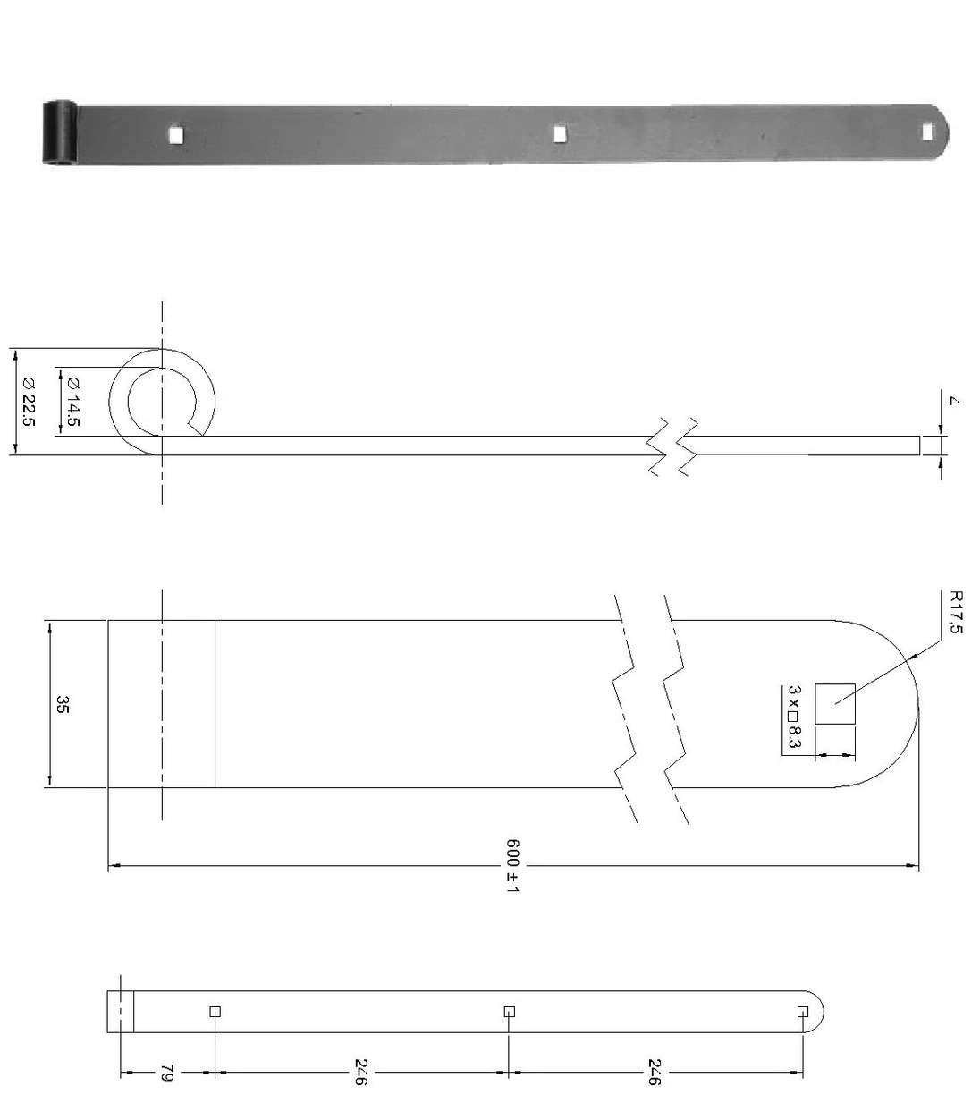 Kovanie pásové 600x35x4mm, pre čap  14mm, povrch čierny lak