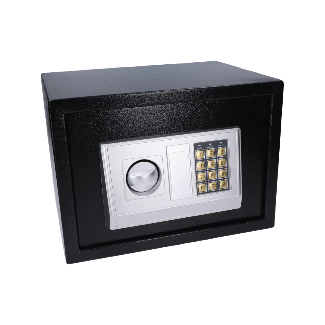 Nábytkový elektronický trezor (350x250x250mm), tloušťka: dveří 3mm, tělo 1mm, vnitřní rozměry 245x185x245mm, barva: černá, balení obsahuje 4x baterie a kotvy do stěny
