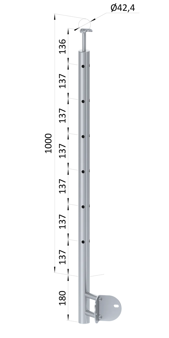 nerezový sloup, boční kotvení rohové, 6 děrový, rohový: 90°, vrch pevný (ø 42.4x2mm), broušená nerez K320 /AISI304