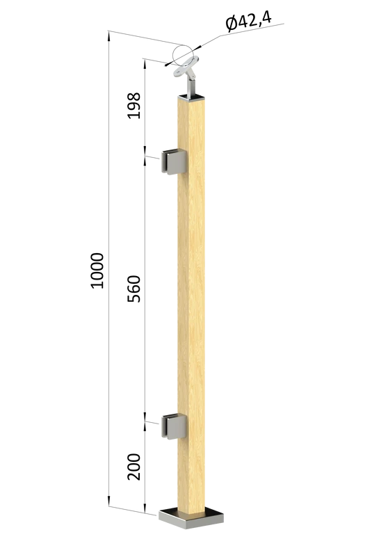 dřevěný sloup, vrchní kotvení, výplň: sklo, levý, vrch nastavitelný (40x40mm), materiál: buk, broušený povrch s nátěrem BORI (bezbarvý)