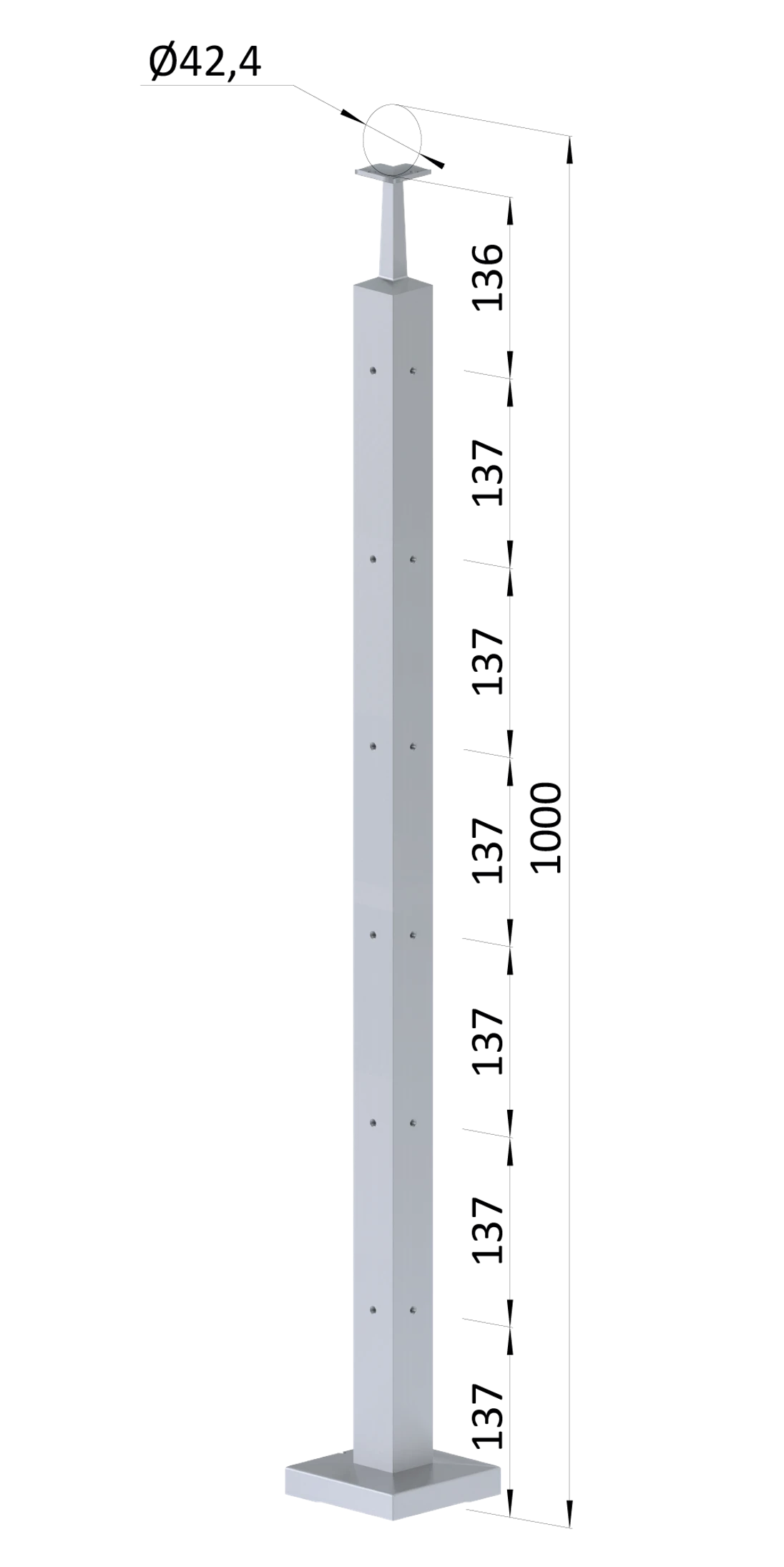 Nerezový sloup, vrchní kotvení, 6řadový rohový 90° M6