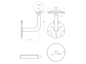 držiak madla na stenu s krytkou kotviacej platne (pevný, na trubku ø 42,4mm), odsadenie 73 mm, oceľ bez povrchovej úpravy - slide 2