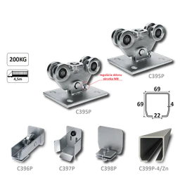 PICCOLO-Klasik samonosný systém 69x69x4 mm pro posuvné brány do 200 kg / 4,5 m otvor (C399P-4/Fe 1x 6 m pozinkovaný profil, C395P KLASIK 2ks, C396P 1ks, C397P 1ks, C398P 1ks) intenzivní provoz